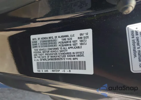 2013 Honda Odyssey Touring/Touring Elite из США, поврежденный, VIN 5FNRL5H96DB002972